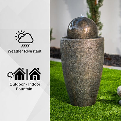 XBrand 25.98" H Round Stone Indoor/Outdoor Modern Stone Textured Sphere Water Fountain w/LED Lights, Ball Water Fountain Decor, Garden Sphere Fountain, Patio Fountain, Outdoor Fountain, Bronze