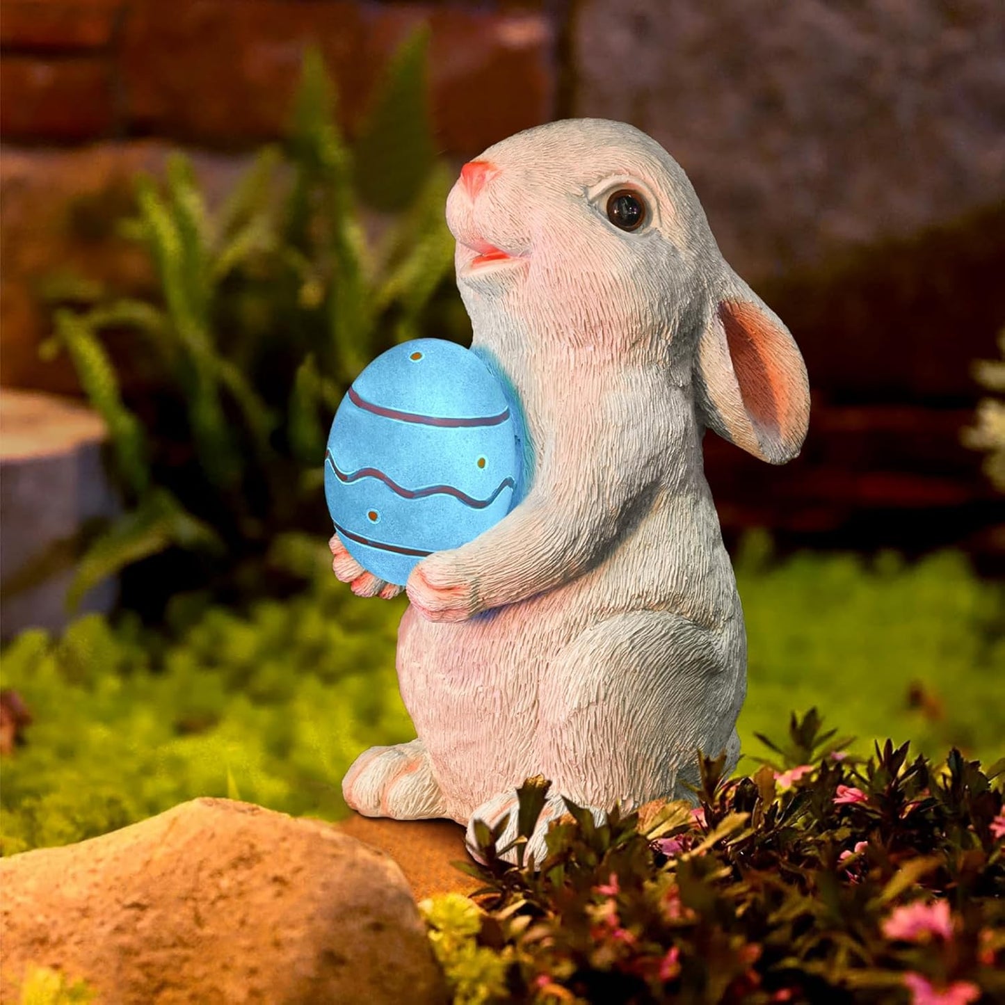 Solar Easter Rabbit Garden Statues Bunny Figurine Outdoor Easter Decorations Resin Bunny Statue with Egg Changing LED Lights for Porch Patio Lawn Yard Gardening Gifts for Mom Grandma