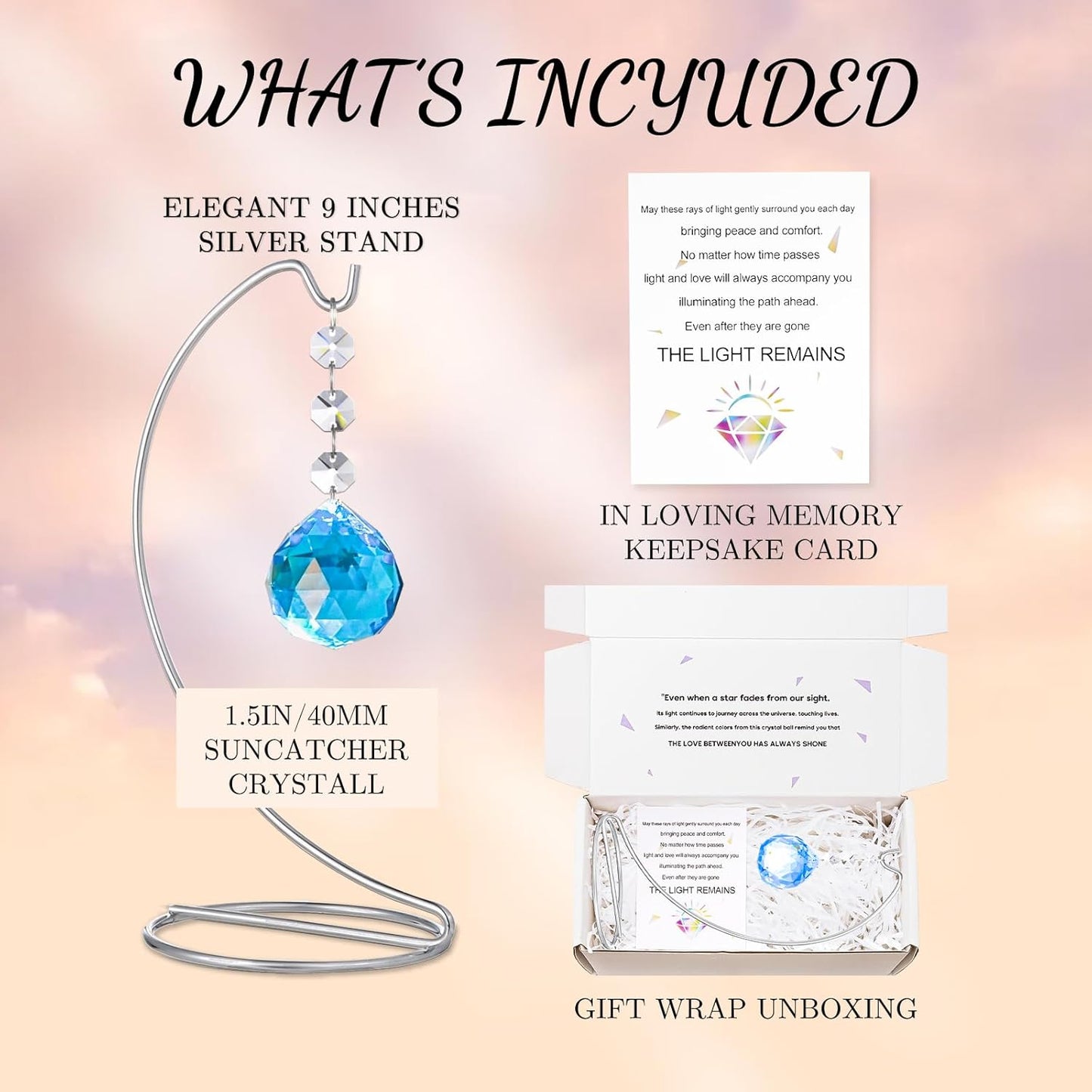 9-in Memorial Gifts,Sympathy Gifts for Loss of Loved One,40mm Crystal Suncatcher,Remembrance Gift for Loss of Mother Dad Friend Son Daughter,Sorry for Your Loss Gift,Silver Stand and a Sympathy Card