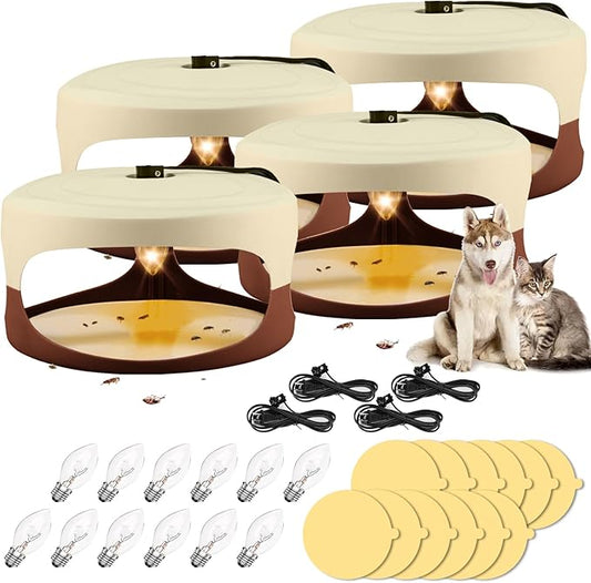 Flea Trap 4 Packs-Flea Traps for Inside Your Home, Friendly Light Trap for Indoor & Garage with 12 Sticky Disc 12 Bulbs 4 Electric Wires Bed Bug with Light for Indoor Safe to Pets & Human (Brown)