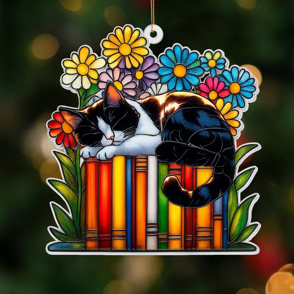 Cat Book Ornament – Stained Glass Style Acrylic Christmas Ornament, Book Lover Gifts for Women, Teacher & Librarian Holiday Decorations, Bookworm Fantasy Ornament for Reading Nook or Tree(Sun-16)