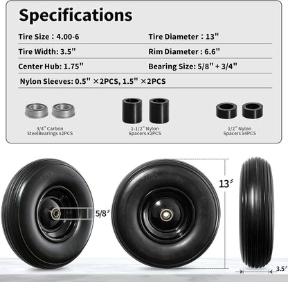13 Inch Solid Tire Wheel - Replacement 4.00-6" Flat Free Heavy Duty Wheel with 5/8", 3/4" Bearings, 1.75" Center Hub - Fits Garden Cart, Wheelbarrow, Dolly, Hand Truck, Trailer, Utility Wagon, 2 Pcs