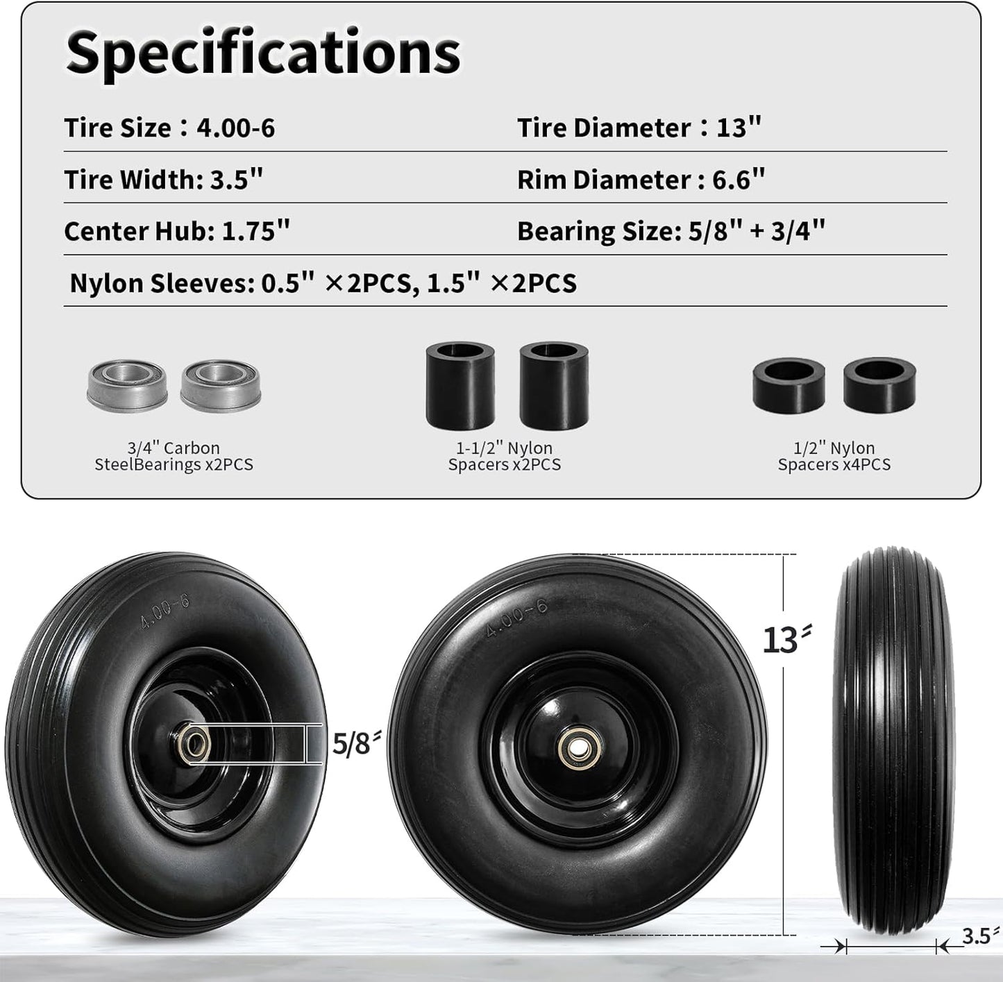 Wheelbarrow Wheel 13 Inch Flat Free 4.00-6 Solid Tire, Replacement Heavy Duty, with 5/8" and 3/4" Bearings 1.75" Center Hub, fits Garden Cart, Dolly, Hand Truck, Trailer, Utility Wagon, 1 Pcs