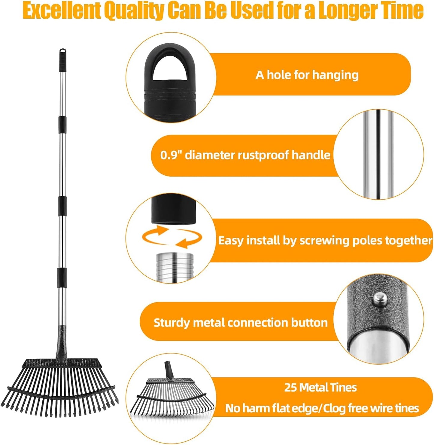 Rake for Leaves, 65 Inch Adjustable Long Handle Garden Leaf Rake, 18 Inch Wide Heavy Duty with 25 Metal Tines for Lawns Yard Shrubs Grass Gardening Camping Garbage Thatch