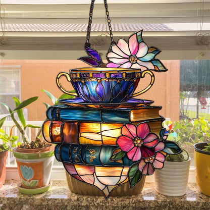 Floral Coffee Cup and Books Acrylic Suncatcher Stained Glass Effect Window Car Hanging Christmas Ornament Indoor Outdoor Decor Garden Sun Catcher Panel for Book Lover for Women Mom Grandma