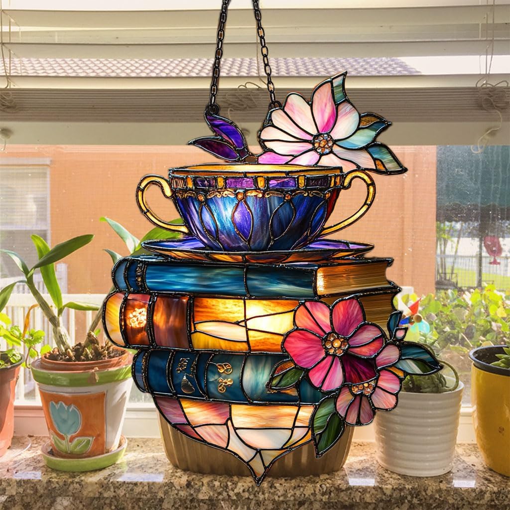 Floral Coffee Cup and Books Acrylic Suncatcher Stained Glass Effect Window Car Hanging Christmas Ornament Indoor Outdoor Decor Garden Sun Catcher Panel for Book Lover for Women Mom Grandma