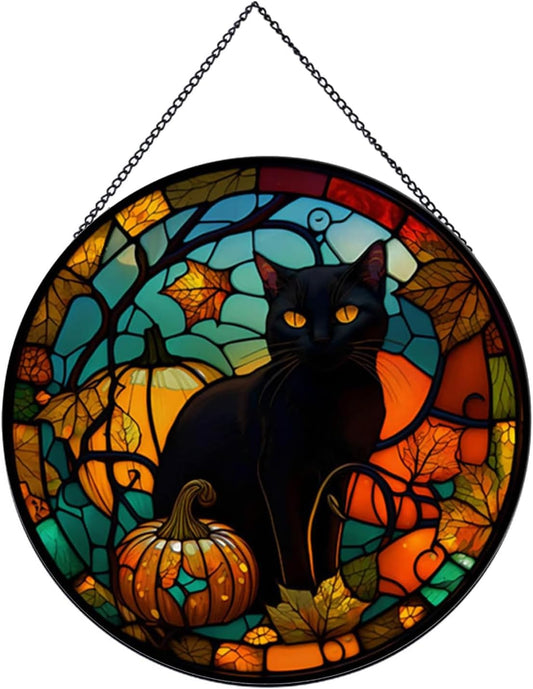 Black Cat Pattern Suncatcher Stained Glass,Hanging Stained Glass for Windows for Cat