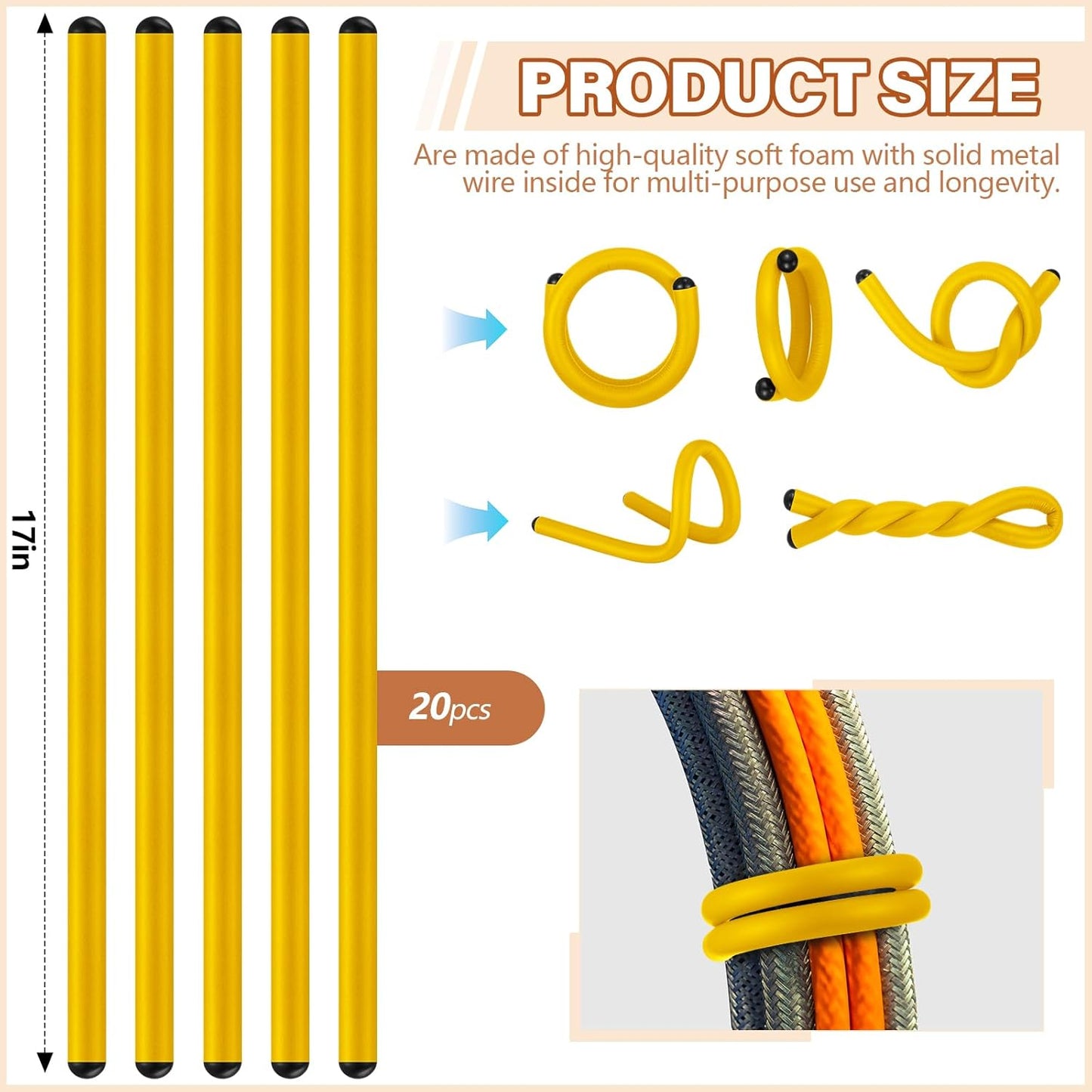 20 Pcs 17 Inch EVA Foam Twist Rubber Ties Reusable Bendable Cable Tie Straps Flexible Heavy Duty Twisty Ties for Organizing Cords Bundling (Yellow)
