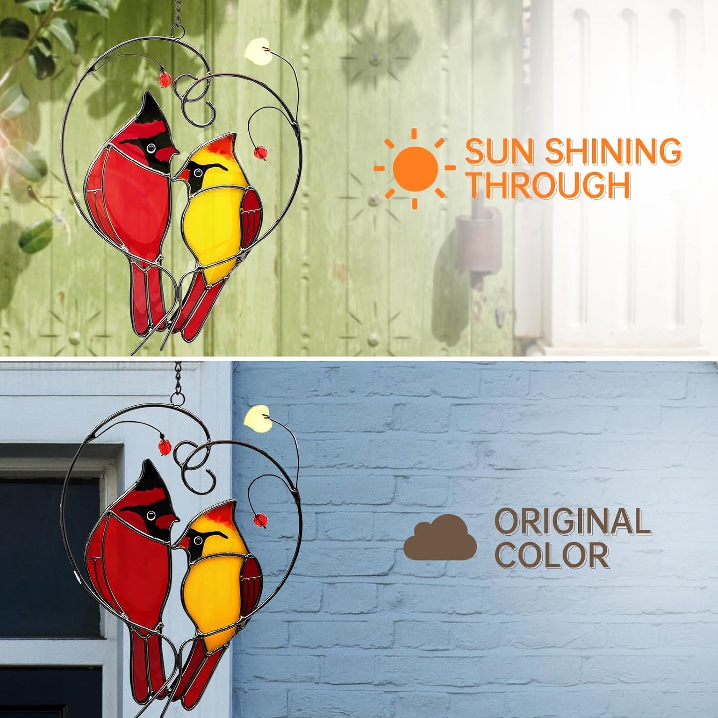 Cardinal Suncatchers Stained Glass for Windows Hangings,Male & Female Cardinal Stained Glass Sun Catchers, Red Love Birds Home Ornament,Gifts for Women