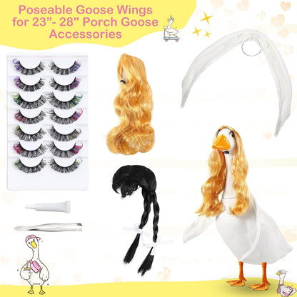 Aliceset 6 pcs Porch Goose Wings with Wigs Eyelash Cute Goosey Braid Wigs PoseAble Wings Reusable 3D Salon Eyelashes with Color for 23/17'' Outdoor Patio Yard Lawn Art Decoration (Elegant)