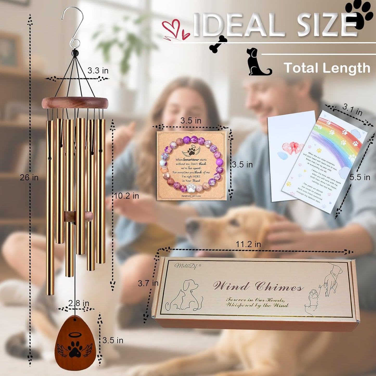 Pet Memorial Wind Chime Gift Set with Bracelet, Wooden Ornament and Sympathy Card, Black&Golden (Golden)