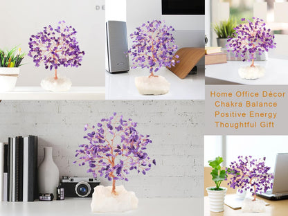 Amethyst Crystal Tree With Clear Quartz Cluster Base, Chakra for Home Decor, Healing Crystals Feng Shui Bonsai Money Positive Energy 5.5-6.3 Inches