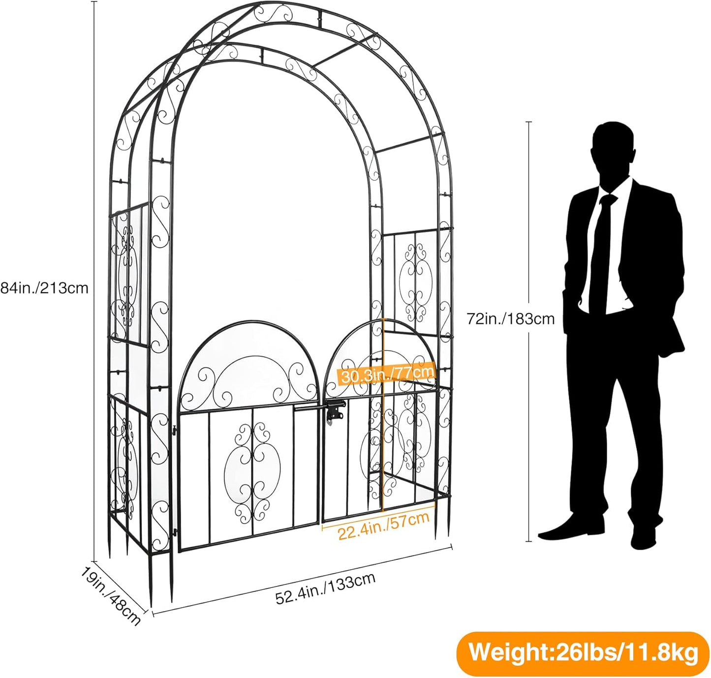 84in High Metal Garden Arbor with Gate, Heavy Duty Wide Garden Arch, Metal Arch Trellis with Gate for Climbing Plant, Wedding, Outdoor Patio Décor, Black(84"x52.4"x19")