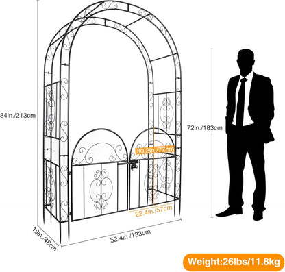 84in High Metal Garden Arbor with Gate, Heavy Duty Wide Garden Arch, Metal Arch Trellis with Gate for Climbing Plant, Wedding, Outdoor Patio Décor, Black(84"x52.4"x19")