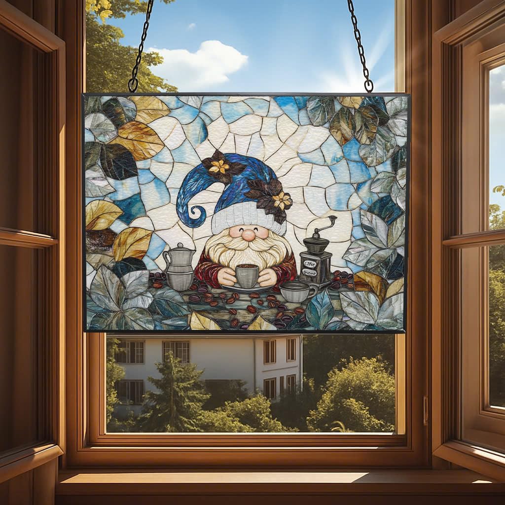 Rectangle Coffee Gnome Stained Glass Window Hanging Customized Suncatcher Glass Panel with Metal Chain Sun Catchers Wall Art Home Decor Gift for Women Mother's Day