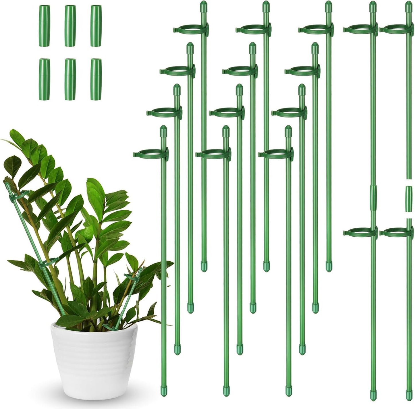 meekoo 12 Pcs Adjustable Garden Plant Support Stakes Single Stem Plant Cage Support Rings with Clips and Connect Pipe for Orchid Rose Tomato, 12 Inch (Green)