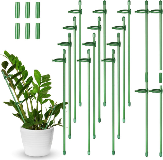 meekoo 12 Pcs Adjustable Garden Plant Support Stakes Single Stem Plant Cage Support Rings with Clips and Connect Pipe for Orchid Rose Tomato, 12 Inch (Green)