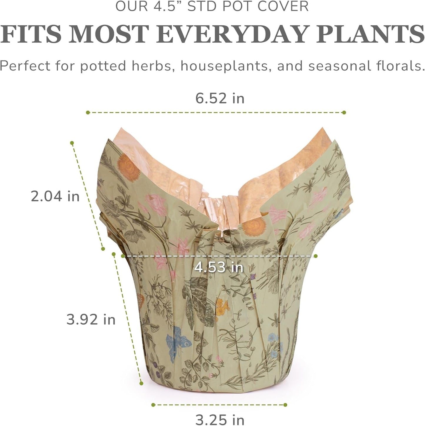 Premium 4.5” STD Plant Pot Covers, Decorative Plant Sleeve for Indoor & Outdoor House Plants, Reusable and Gift-Ready for Flower Pots, Green-Print, Pack of 5