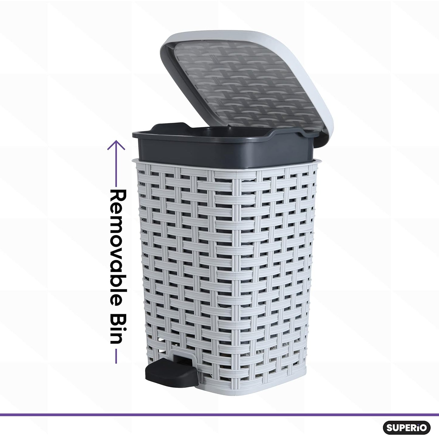 Superio Small Outdoor Trash Can with Lid for Dog Poop 3 Gallon/12 L Mini Plastic Garbage Can with Foot Pedal for Bathroom, Bedroom, Office, Patio, Wicker Smoke