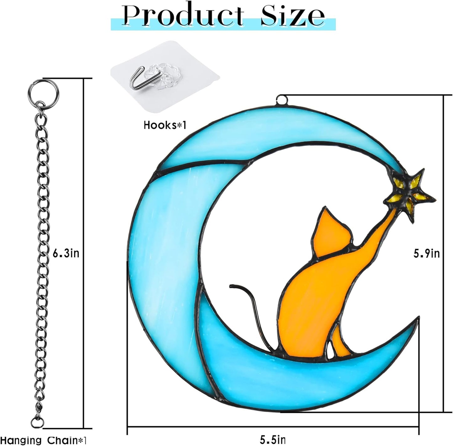 Stained Glass Cat on Moon Pick Star Window Hanging Suncatchers Memorial Gift Decor for Women (Orange Cat on Blue Moon)