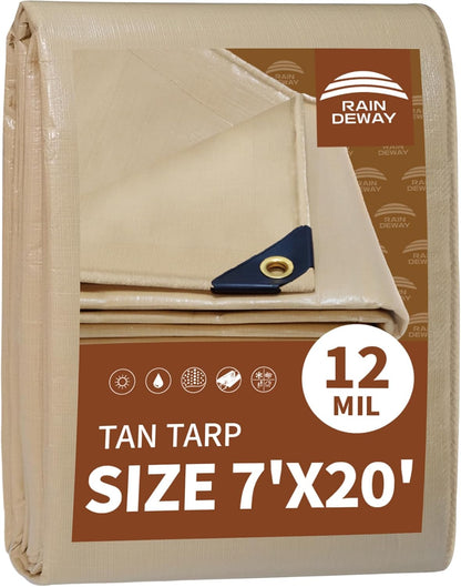 RAINDEWAY 7x20 Feet Heavy Duty Tarp,12 Mil Tan Waterproof Poly Tarp Cover,UV Resistant,Weatherproof,Durable,Multipurpose Tarps with Grommets and Reinforced Edges