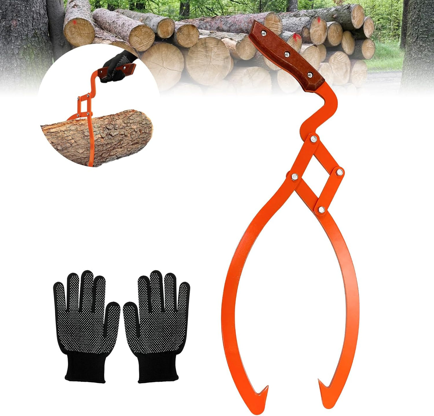 Log Grabber 20", 440LBS Logging Tongs with Gloves Handle Non-Slip Grip Hook, 2 Claw Skidding Tongs, Handling, Grapple Lifting, Dragging Carrying Tool