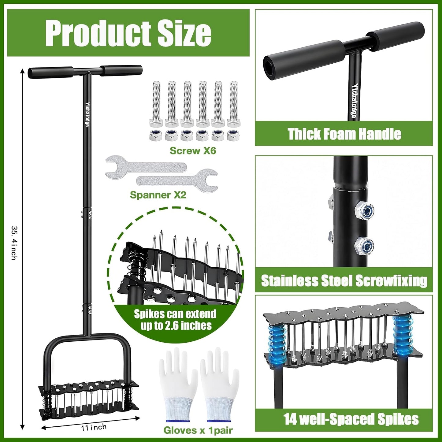 Manual Aerator Lawn Tool with Spring Base and 14 Steel Spike,Automatic Dirt and Leaf Clean,Grass Aerator for Loosening Soil in Yard, Gardan, Patio, Pre-Assembled Lawn Aerator Installation Kit