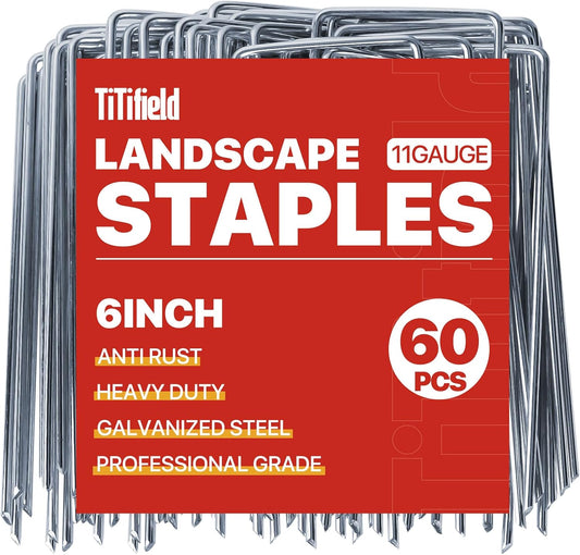 Landscape Staples 6 Inch 60 Pack 11 Gauge, Garden Staples Galvanized Landscape Pins Anti-Rust Landscape Fabric Stakes for Securing Irrigation Tubing, Fence, Weed Barrier, Ground Cover
