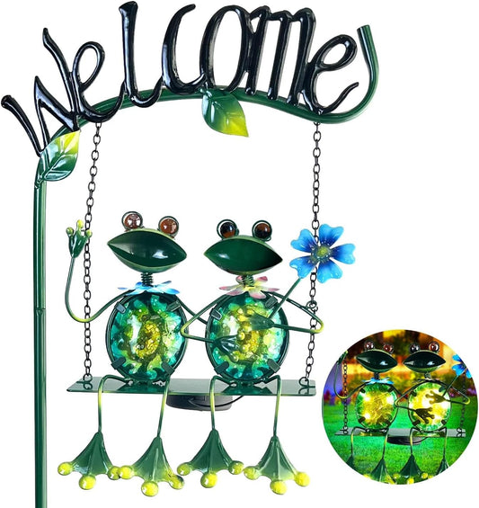 HONGLAND Outdoor Garden Solar Lights,Frog Swing Garden Decor,Frog Decorative Stake with Welcome Sign for Landscape Patio Yard (48 inch)