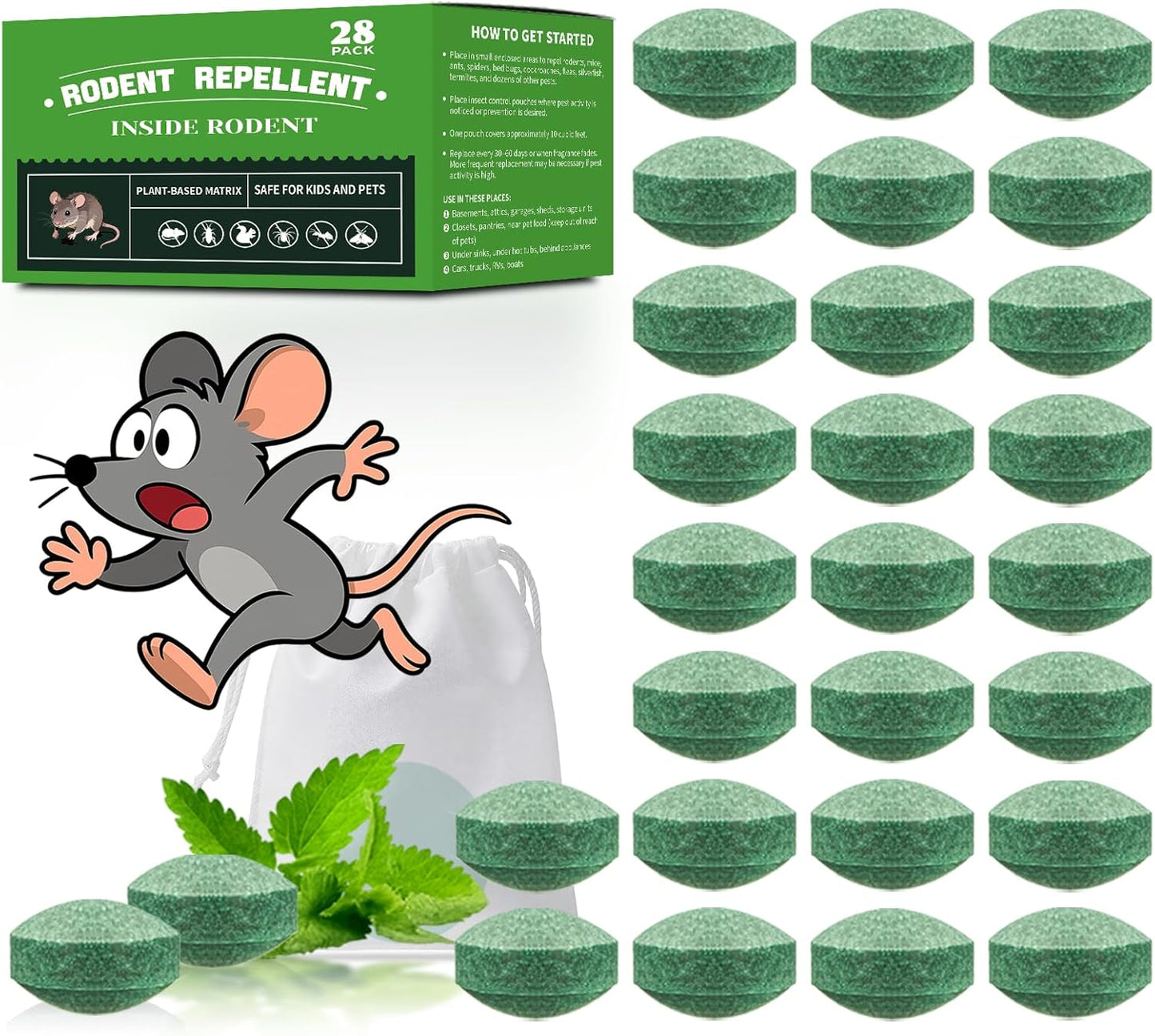 28 Pack Mouse Rodent Repellent, Safe for Kids and Pets, Effective Mouse Control for Home, Garage, Basement, Garden and Storage Areas