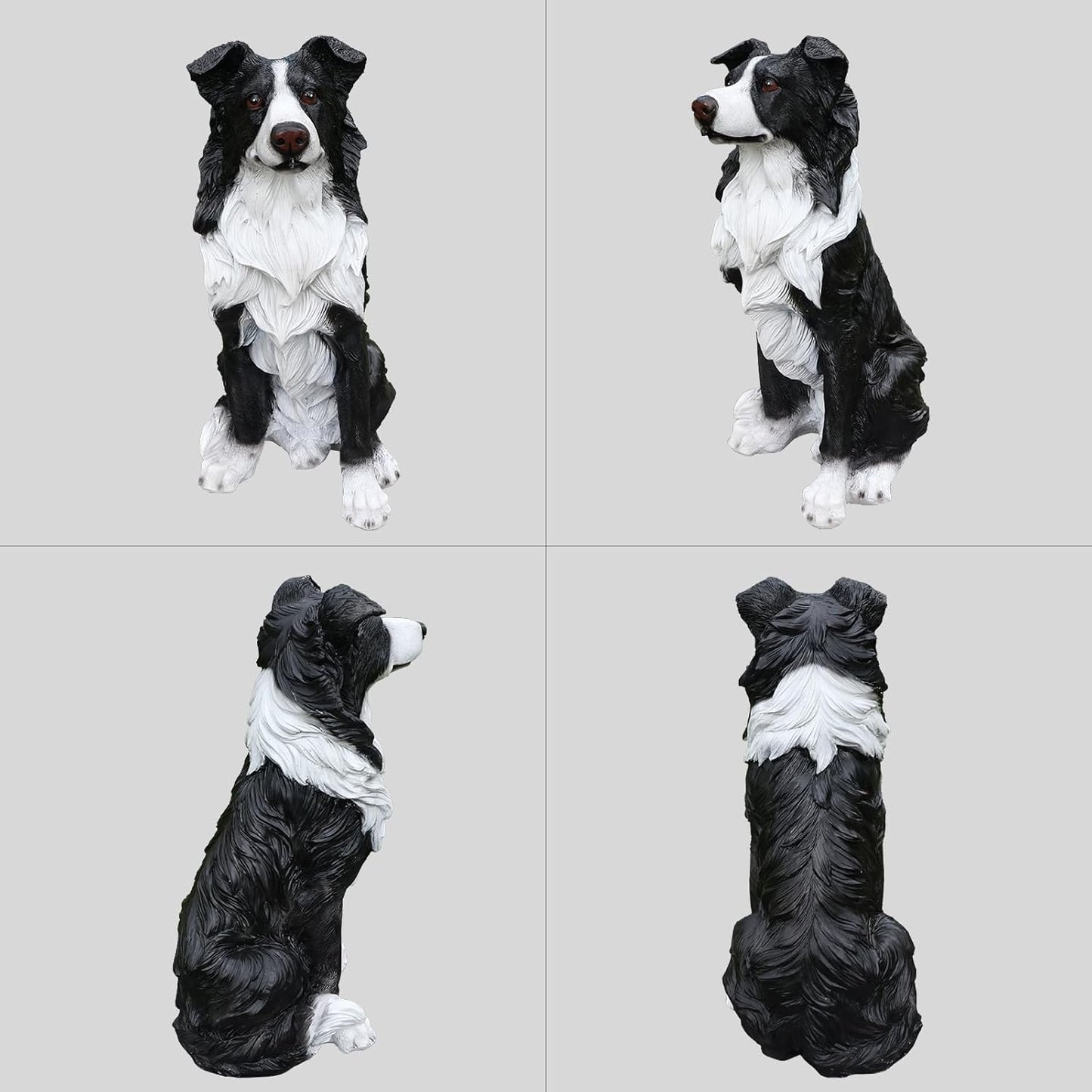 Border Collie Outdoor Dog Statue with Reversible “Welcome/ON Patrol” Plaque and Solar Path Lantern, Black & White Sitting Herding Dog Yard Accent