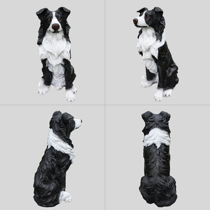 Border Collie Outdoor Dog Statue with Reversible “Welcome/ON Patrol” Plaque and Solar Path Lantern, Black & White Sitting Herding Dog Yard Accent