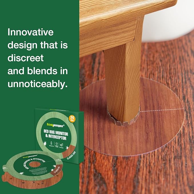 EcoVenger Bed Bug Monitor & Interceptor Super Glue Traps 48 Ct, Discreet Floor Color Classic Oak, Blocks Bed Bugs' Access to Beds/Futon/Couch, for Hard Floor, New Upgraded Version Easier to Peel & Use