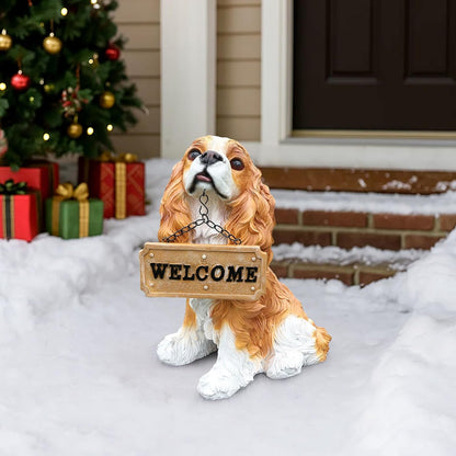 Cavalier King Charles Spaniel Statue Outdoor Decorations – Dog Statues Outdoor Blenheim Cavalier King Charles Spaniel with Replaceable Solar Light & Welcome Sign for Lawn Décor