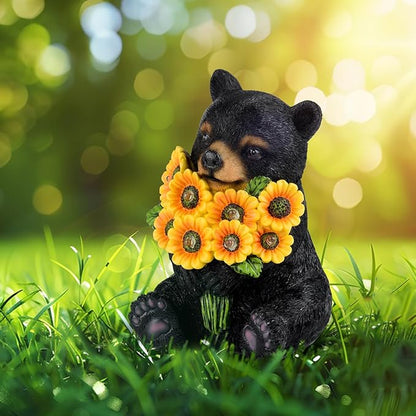 Solar Garden Decor Black Bear Outdoor Statue, Outdoor Patio Sculpture Decor LED Lights Gifts for Mom or Daughter, Garden Statues Birthday Gifts for Women Home and Yard