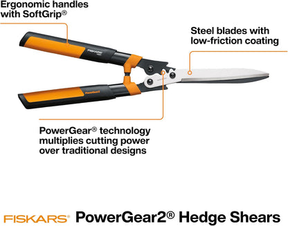 Fiskars 23-Inch Hedge Shears, Bush Trimmer with PowerGear2 Technology that Multiplies Power for Less Effort, SoftGrip Handles with Shock-Absorbing Bumpers