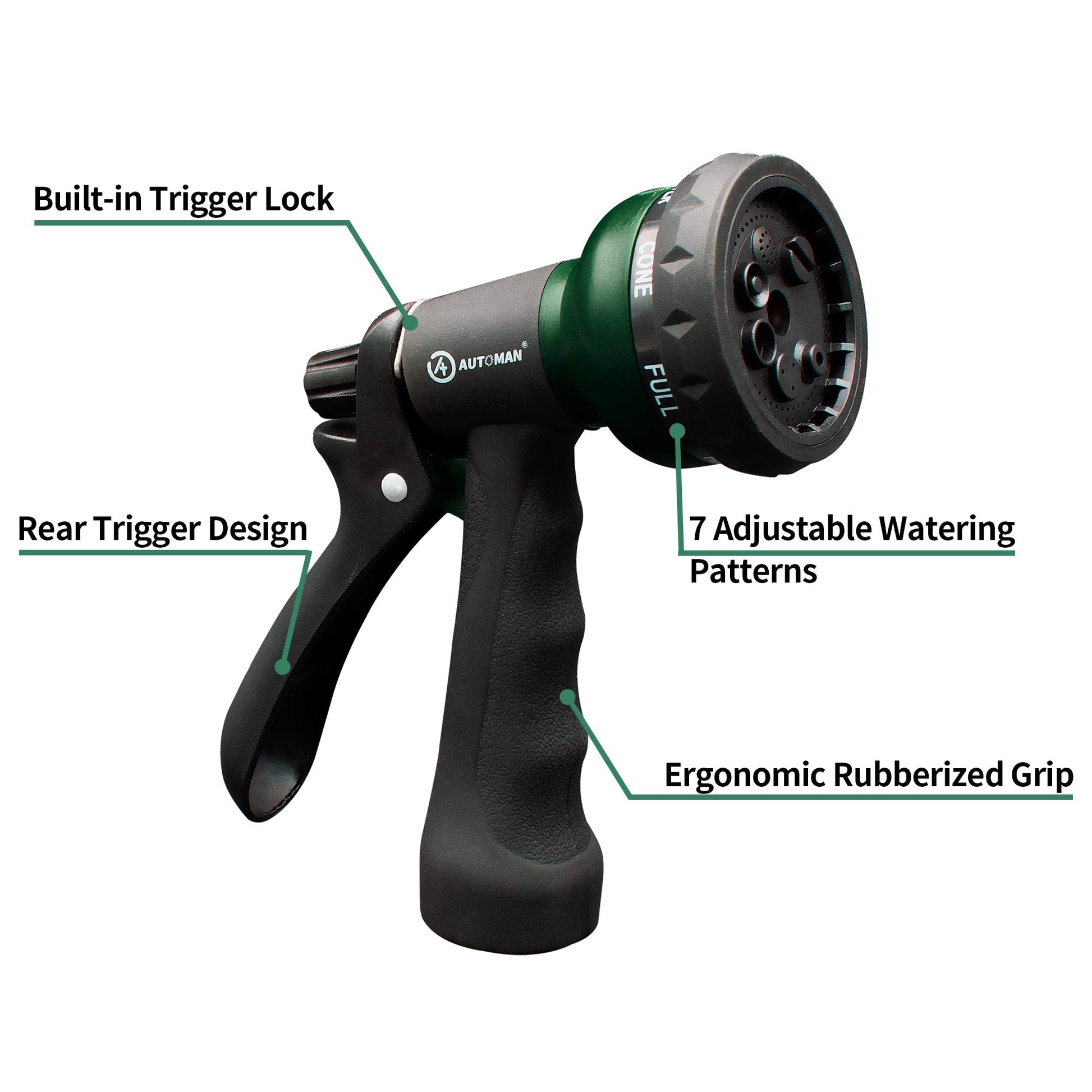 AUTOMAN-Garden-Hose-Nozzle, ABS Water Spray Nozzle with 7 Adjustable Watering Patterns, Slip