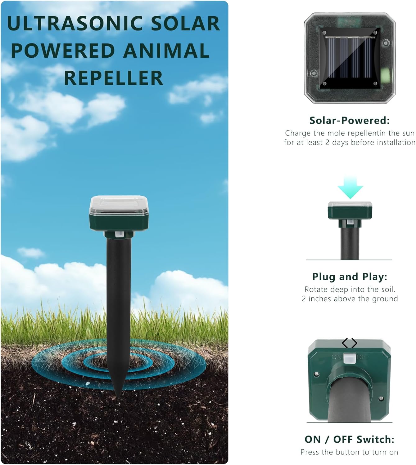 8 Pack Mole Repellent Solar Powered, Upgrade 2025 Waterproof Ultrasonic Gopher Vole Repellent Outdoor, Rat, Squirrel, Skunk, Repellent for Lawn Garden & Yard