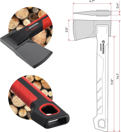 INTERTOOL Hatchet Lightweight for Camp Firewood Splitting & Kindling - Small 14" Wood Chopping Axe with Shock Absorbing Anti-Slip Handle & Sheath - Ax for Outdoor, Hiking, and Gardening - HT08-0291