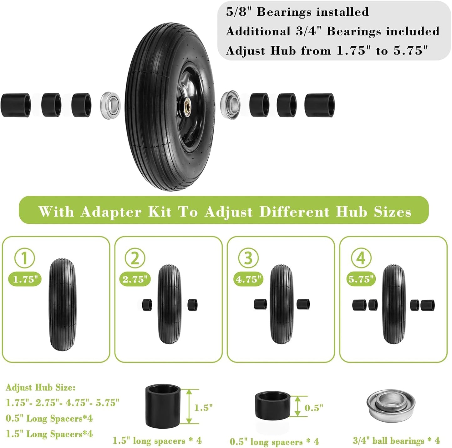 Parts Camp 13" Wheelbarrow Tires and Wheels 4.00-6 Pneumatic Tires with 5/8"&3/4" Bore Hole and 1.75" Centered Hub Wheelbarrow Tire Fit Wheelbarrows/Wagons/Dolly/Trolley/Hand truck(2 Pack)