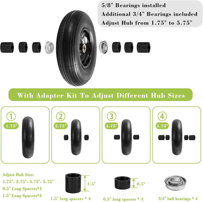 Parts Camp 13" Wheelbarrow Tires and Wheels 4.00-6 Pneumatic Tires with 5/8"&3/4" Bore Hole and 1.75" Centered Hub Wheelbarrow Tire Fit Wheelbarrows/Wagons/Dolly/Trolley/Hand truck(2 Pack)
