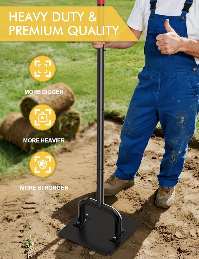 Heavy Duty 10"x10" Steel Tamper Tool with 57" Long Handle and Rubber Grip, Hand Compactor Tool for Soil, Gravel, Asphalt, Driveway, Sidewalk and Paver Base Leveling