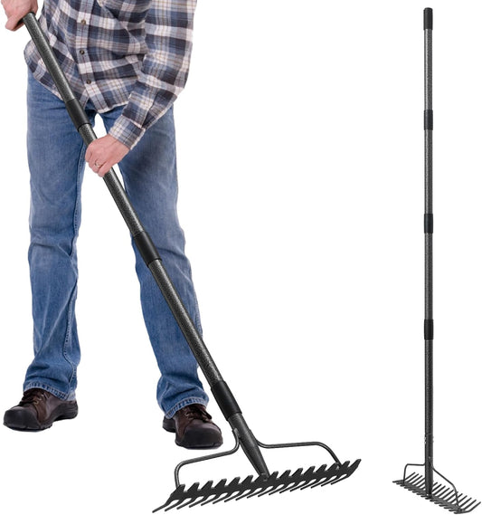 Adjustable Bow Rake Heavy Duty, Dual-Sided Steel Garden Rake Tool for Gathering Leaves, Pine Straw, Thatching, Breaking Up Soil, Leveling Gravel