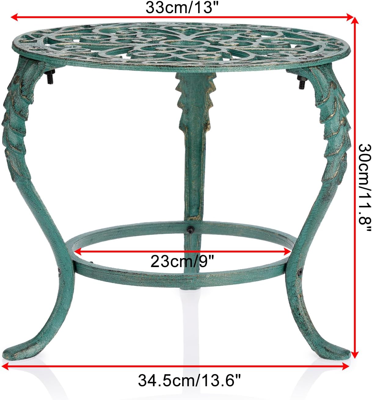OwnMy Cast Iron Plant Stand Heavy Duty Vintage Wrought Iron Flower Pot Holder, Decorative Pedestal Potted Plant Rack, Indoor Metal Large Plant Stand for Outdoor Patio Garden Home, Antique Green