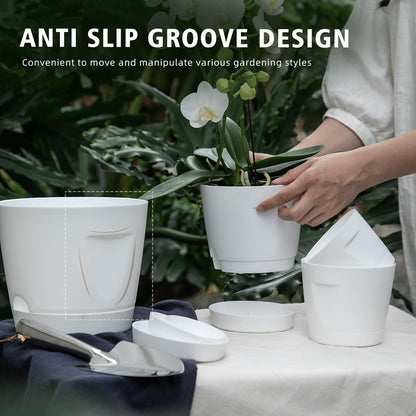 5 Pack Plastic Planters with Drainage, Self Watering Pots for Indoor Plants, Small Cute Plastic Pots in 5 Sizes, Ideal for Indoor Plants (White)