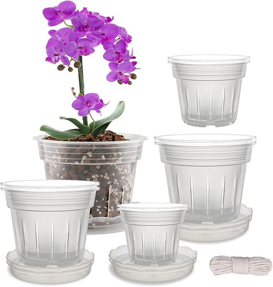 Orchid Pot, 8 Clear Orchid Pots with Holes and 6 Saucers, 2 Each of 4.1, 4.8, 5.7 and 6.4 Inch Orchid Pots for Repotting, Plastic Orchid Planter Breathable Slotted Flower Plant Nursery Pot