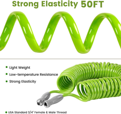 SPECILITE 1/2” Polyurethane Coil Garden Hose 50 FT, PU Flexible Recoil Water Hoses with 6-Pattern Spray Nozzle for Patio, Boat, Greenhouse and Yard