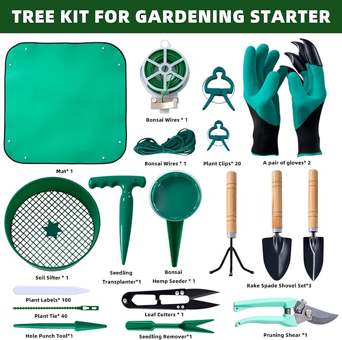 175-Piece Gardening Kit with Bonsai Tools, Succulent & Herb Planting Set, Pruning Shears, Seed Trays, Waterproof Mat – Durable BPA-Free Indoor & Outdoor Garden Tool Set Gift