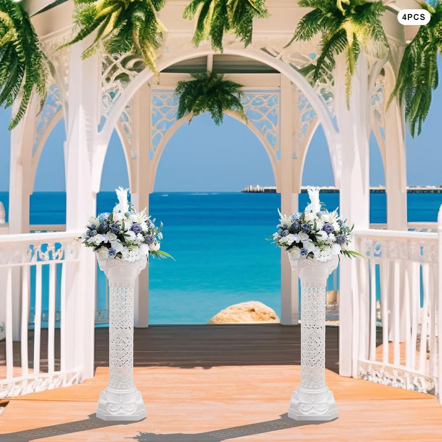 Roman Column Pedestal, Plastic White Columns for Weddings Indoor/Outdoor Roman Pillar Stand for Table Sculptures, Vase, Garden Decor (4PCS, 10.6 x 34.6 Inch Fretwork)