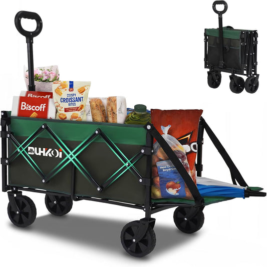 Collapsible Tailgate Wagon with Wheels, Compact Size Folding Utility Cart, 380LBS Capacity for Garden, Grocery, Beach, Camping – Portable Heavy Duty Cart(Army Green)
